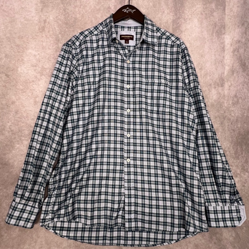Johnston & Murphy Button Down Shirt Mens Large Teal Blue Plaid Flip Cuff L/S - Picture 2 of 12